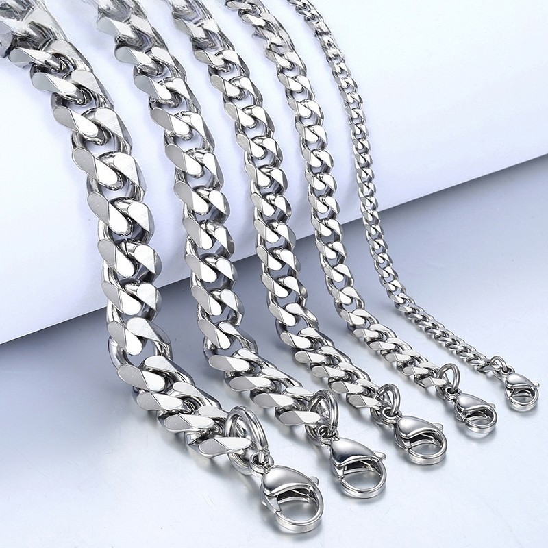 16-36″ Stainless Steel Silver Chain Cuban Curb Womens Mens Necklace 3/5/7/9/11mm