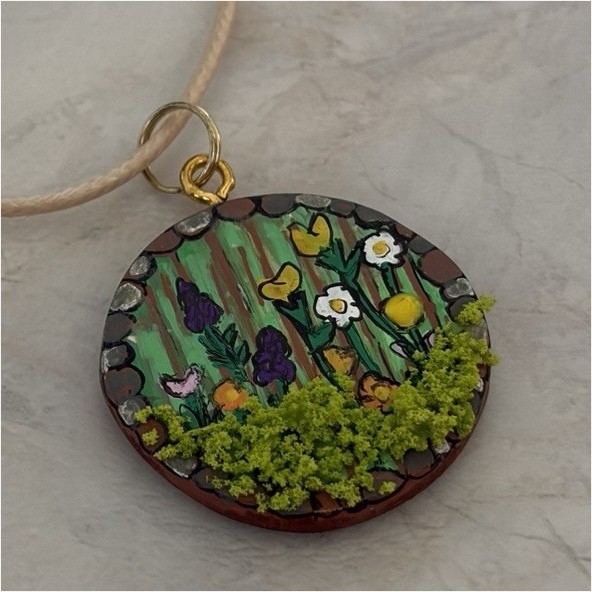 Handpainted Multicolor Round Floral Charm Pendant Necklace on Cord