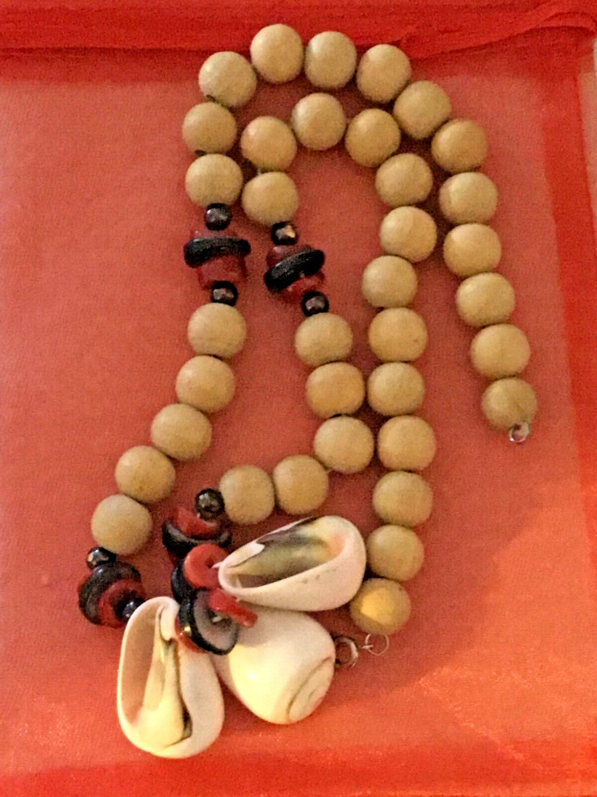 21 inch Bead Necklace With Natural Wood Beads and Shell Accents