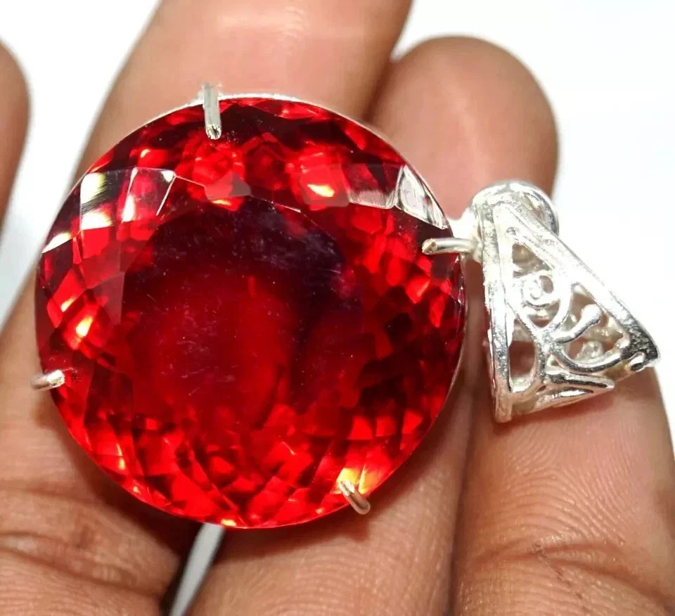 95 CT+ Flawless Blood Red Topaz Pendant 925 Sterling Silver Plated Jewelry