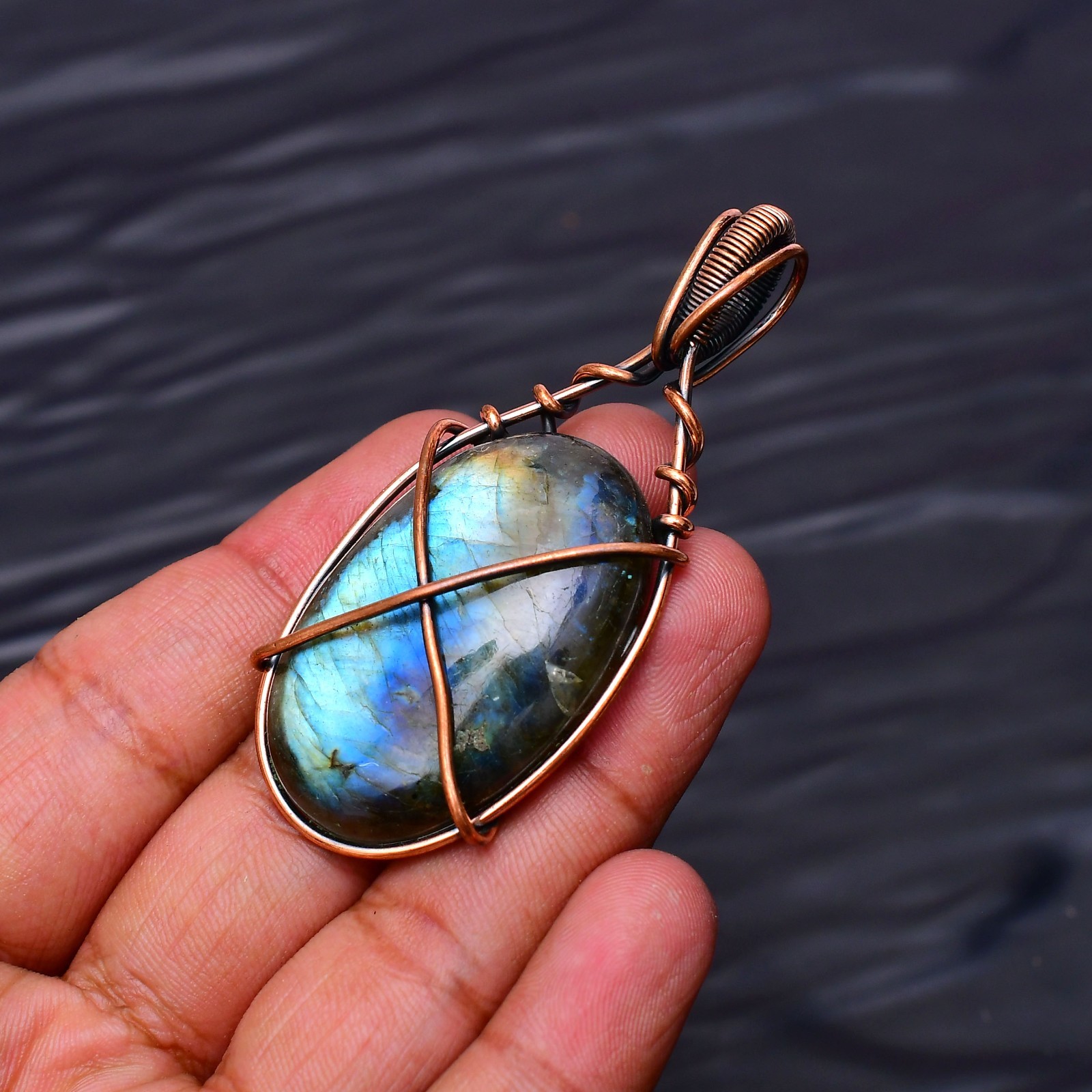 Labradorite Gemstone Copper Wire Wrapped Handmade Jewelry Pendant 2.48″
