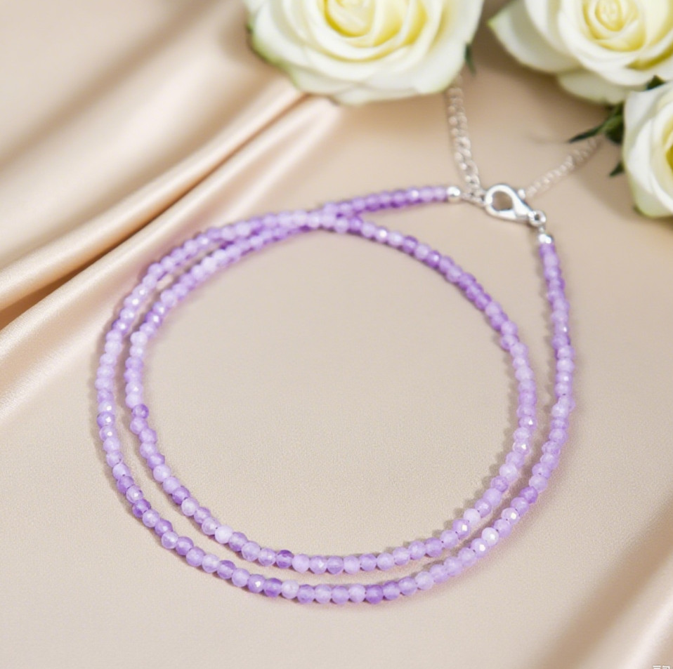 Dainty Kunzite Crystal Gemstone Faceted 3mm Beads Minimalist Choker Necklace