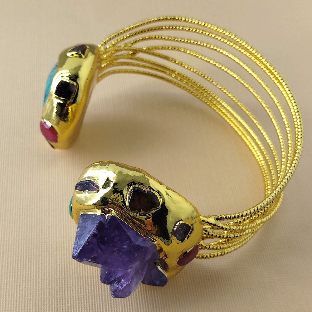 Natural Bohemia Purple Amethyst Raw Druzy Green Turquoise Bangle Cuff Bracelet