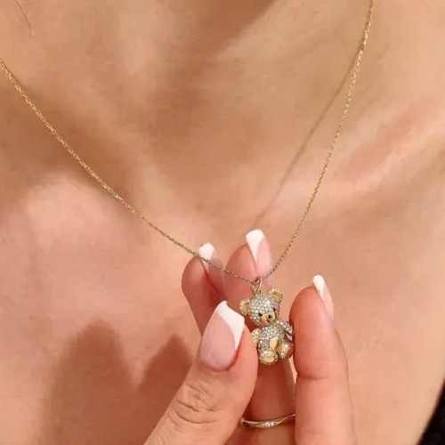 2Ct Round Cut Simulated Diamond Teddy Bear Shape Pendant 14K Yellow Gold Plated