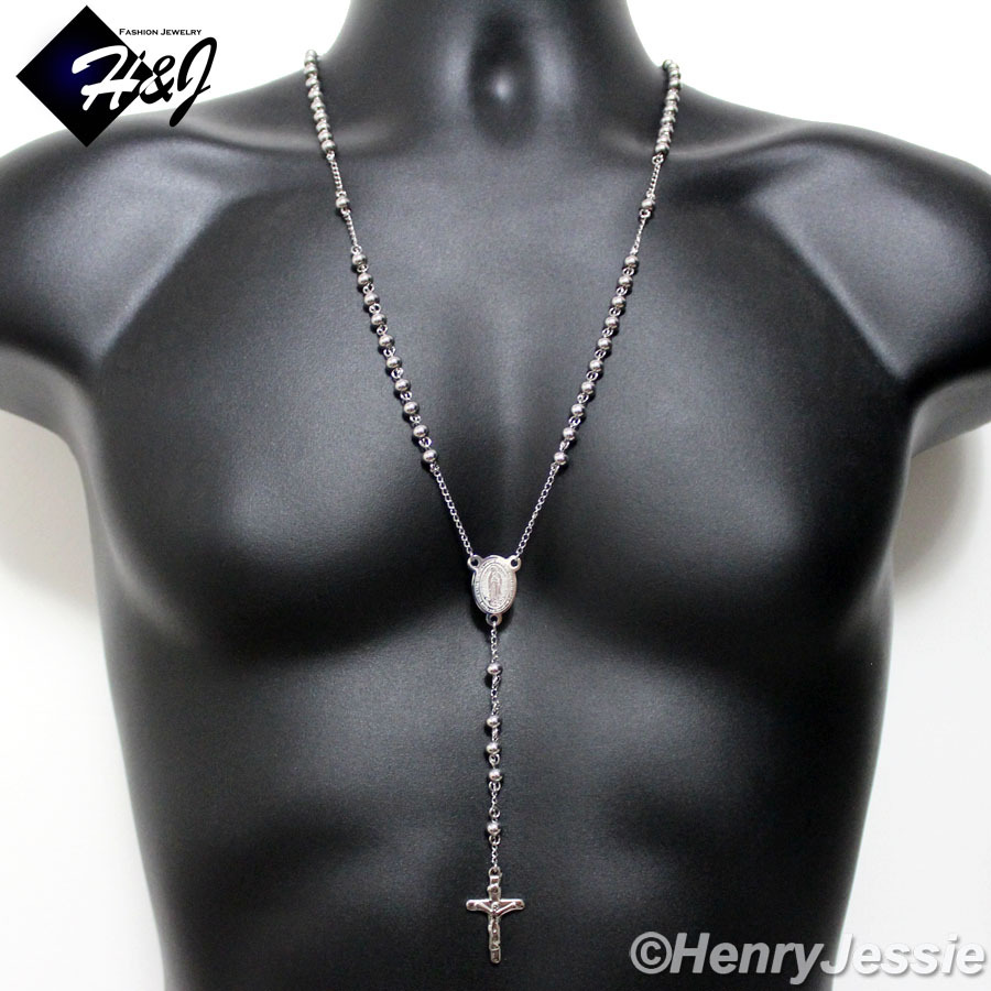 26+5″MEN Stainless Steel 6mm Silver Beads Virgin Mary Cross Rosary Necklace*RN11