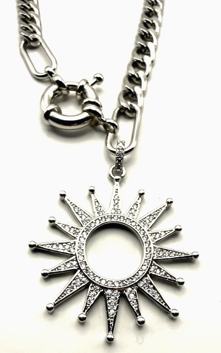 MELANIA CLARA 17″ Silver Tone Crystal Sunburst Pendant Front Clasp Necklace
