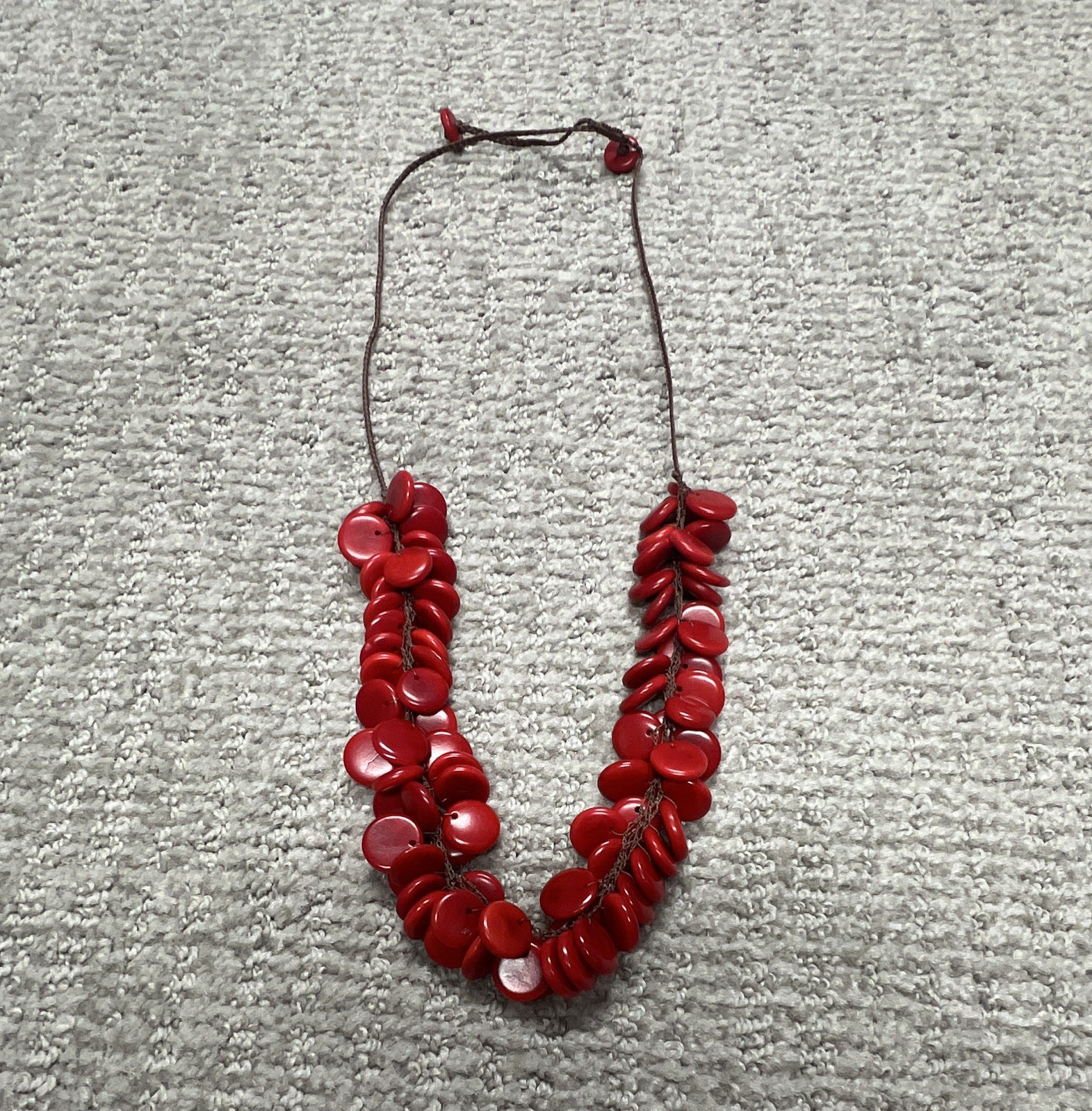 Red Beaded Disc Statement Necklace on Brown Cord, No Stone