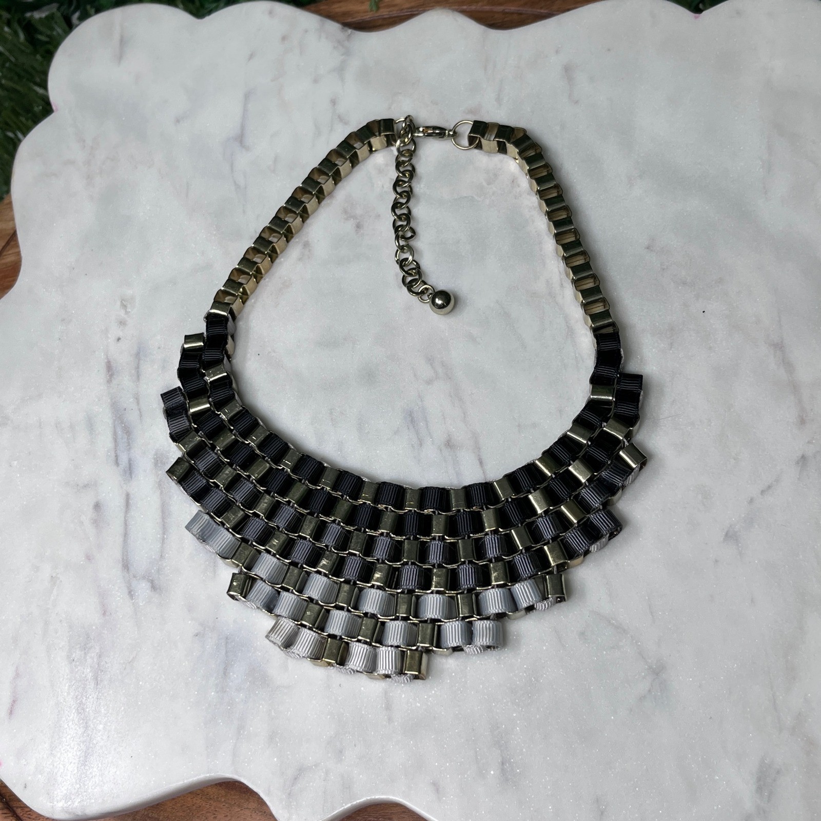 Ribbon Tiered Statement Bib Necklace Black Grey Gold Tone Woven Collar 3801