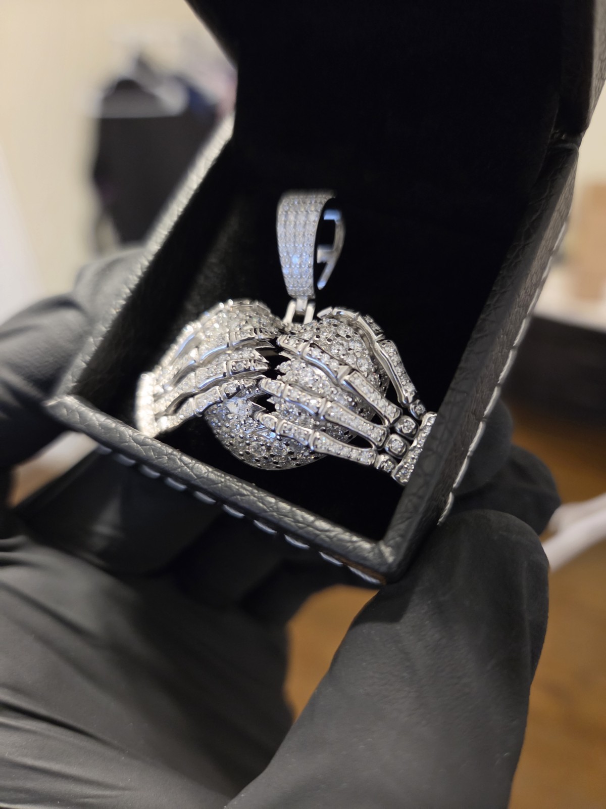 Moissanite Pendant Skeleton Hands Holding a Broken Heart, Harlem Bling