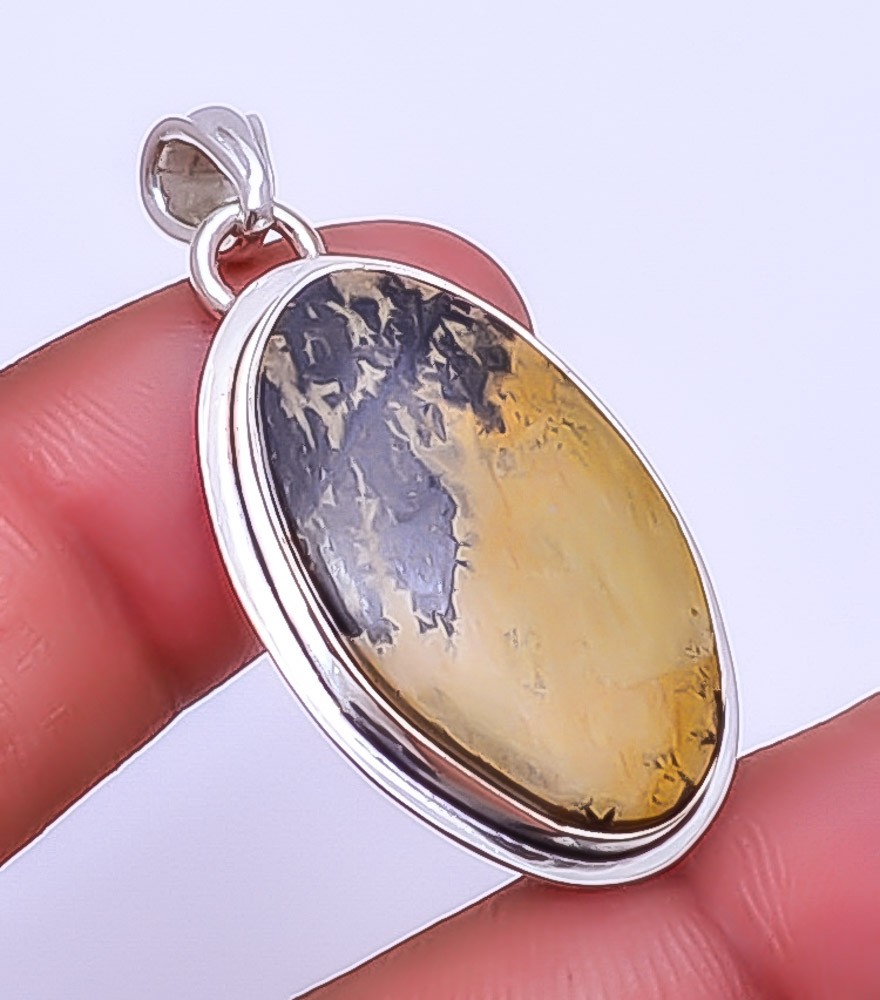 Honey Dendritic Opal – Mexico Gemstone 925 Sterling Silver Pendant 1.83″ P40