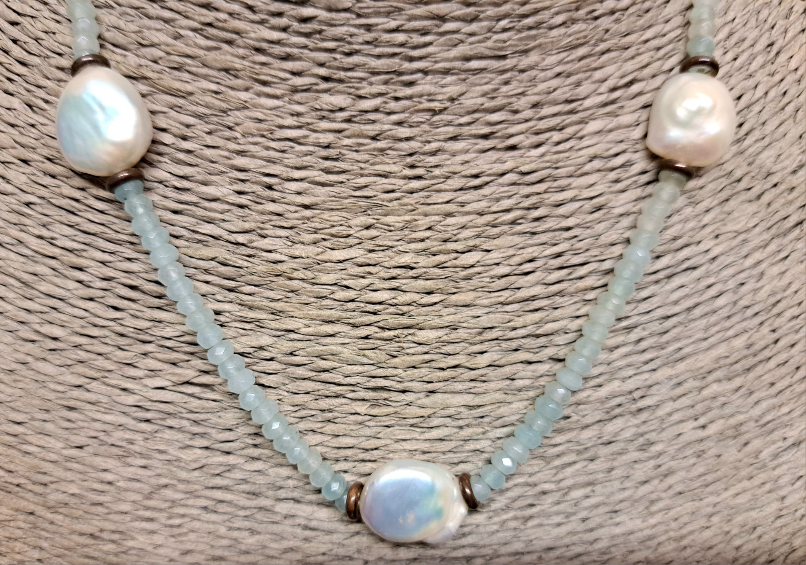 Vintage Necklace Coin pearls/ Faceted Gemstone Amazonite 46cm long