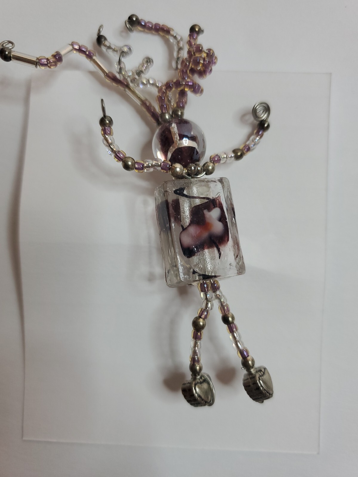 Brooch Pin Handmade Bead Person Jewelry Pink Gray White 3″ tall Adjustable