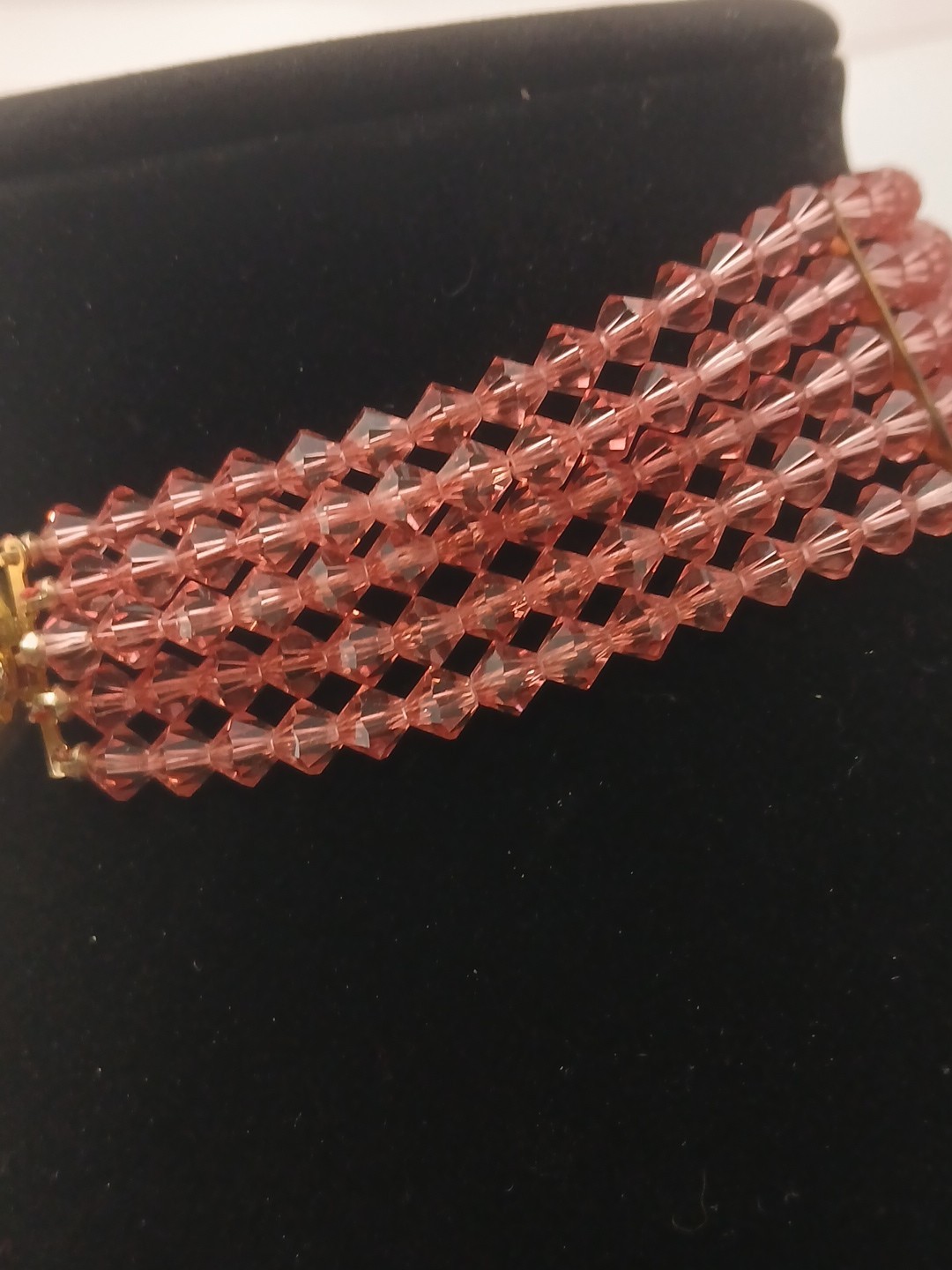 ROYAL ELEGANCE gold tone clear stones 5 strand peachy pink bicone beads chocker