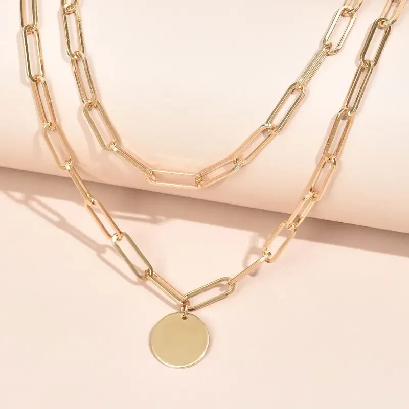 Golden Fashion Unique Punk Chic Double Layer Round Pendant Necklace Adjustable