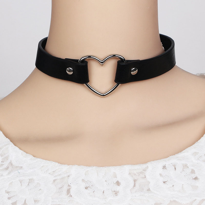 Heart Choker Necklace Faux Leather Collar Black Pink Adjustable Rivet Chocker