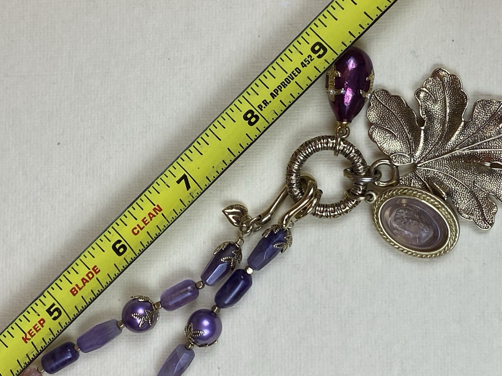 Signed Carolee Purple Beaded Charm Necklace Oak Leaf Acorn Cameo Statement