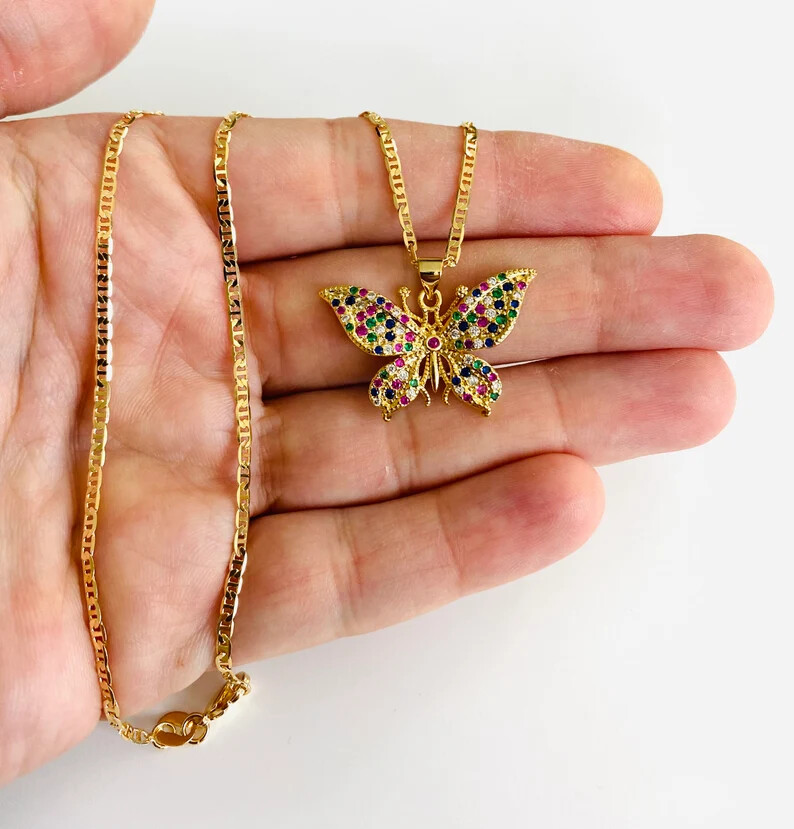 18K Gold Filled Butterfly 20 in Necklace, Multicolor Cz Butterfly Pendant- P143