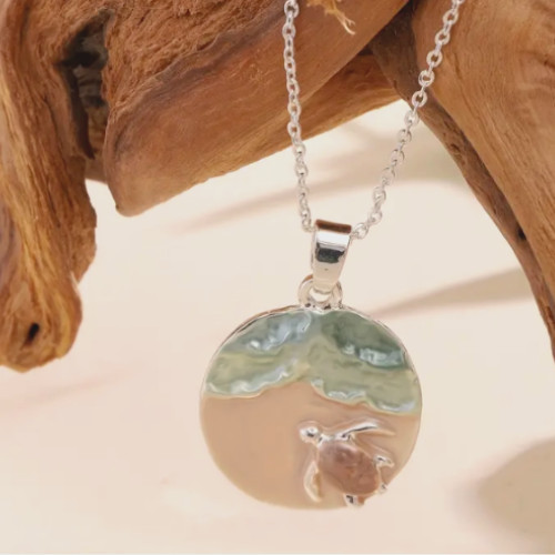 Beach Sea Turtle Necklace Pendant Silver Chain Summer Jewelry Ocean Scene Charm