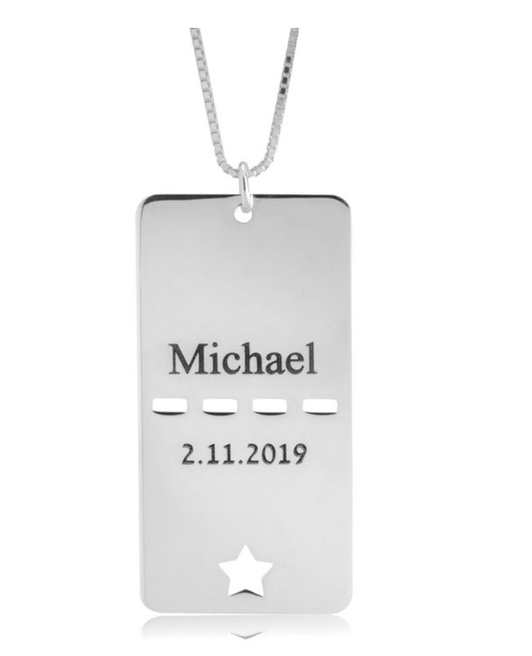CUSTOM DOG TAG NAME AND DATE NECKLACE: STERLING SILVER, 24K GOLD, ROSE GOLD