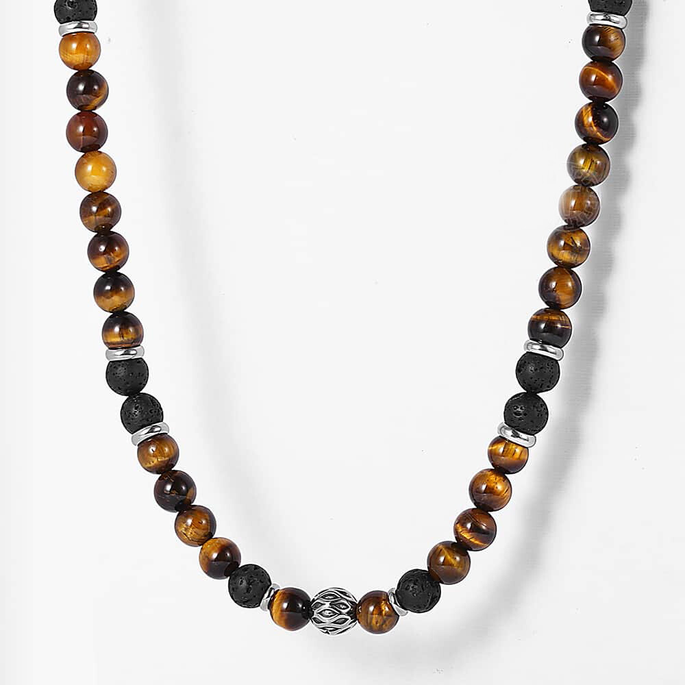 Men’s 8mm Natural Tiger Eye Lava Bead Necklace Stainless Steel Toggle 18/20/24″