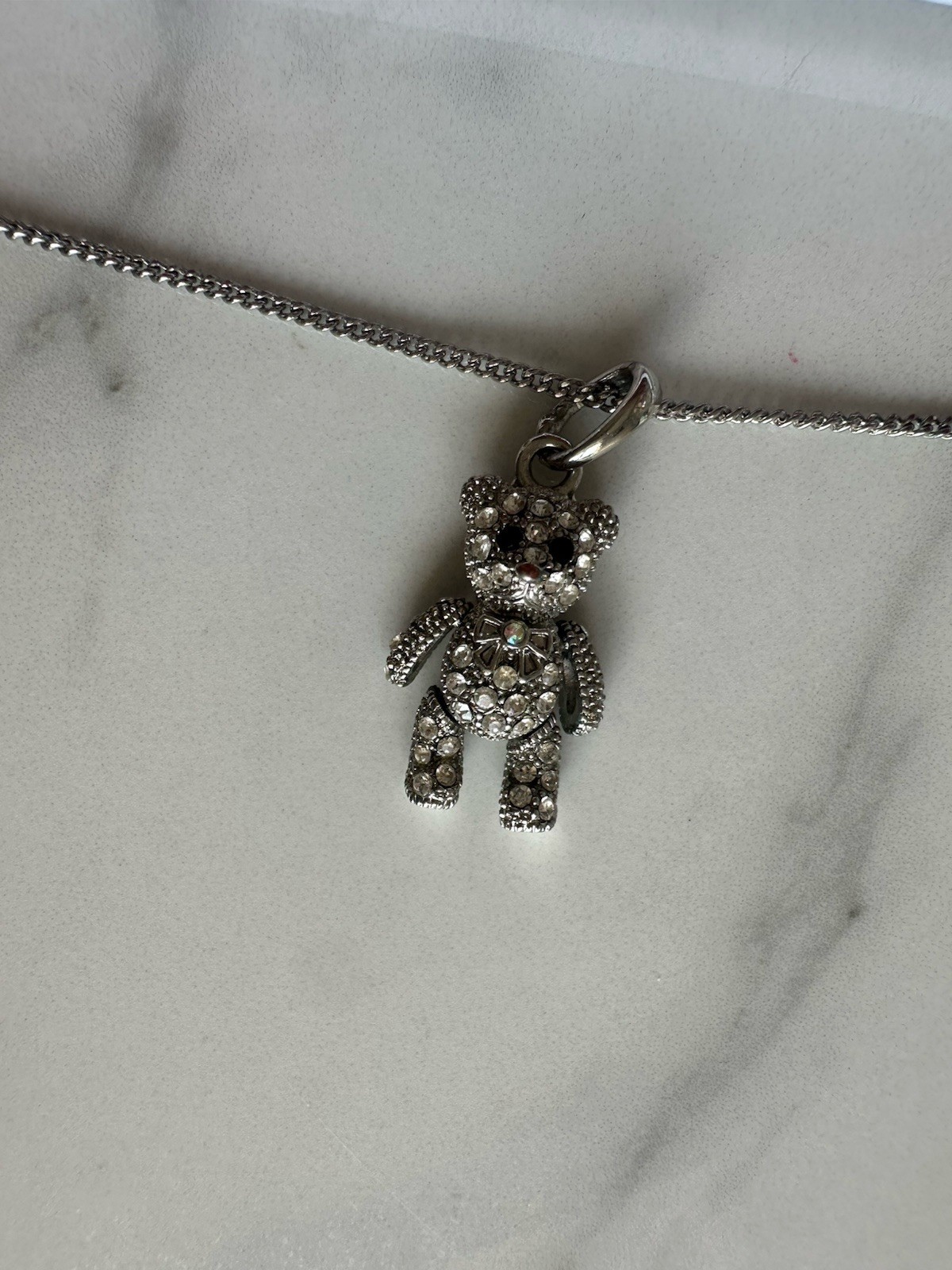 Vintage Style Articulated Rhinestone Teddy Bear Pendant Necklace Silver Tone