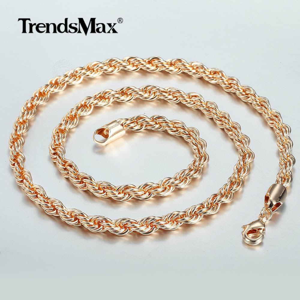 5/6mm 585 Rose Gold Plated Twisted Rope Chain Necklace 20″/24″ for Women Girls