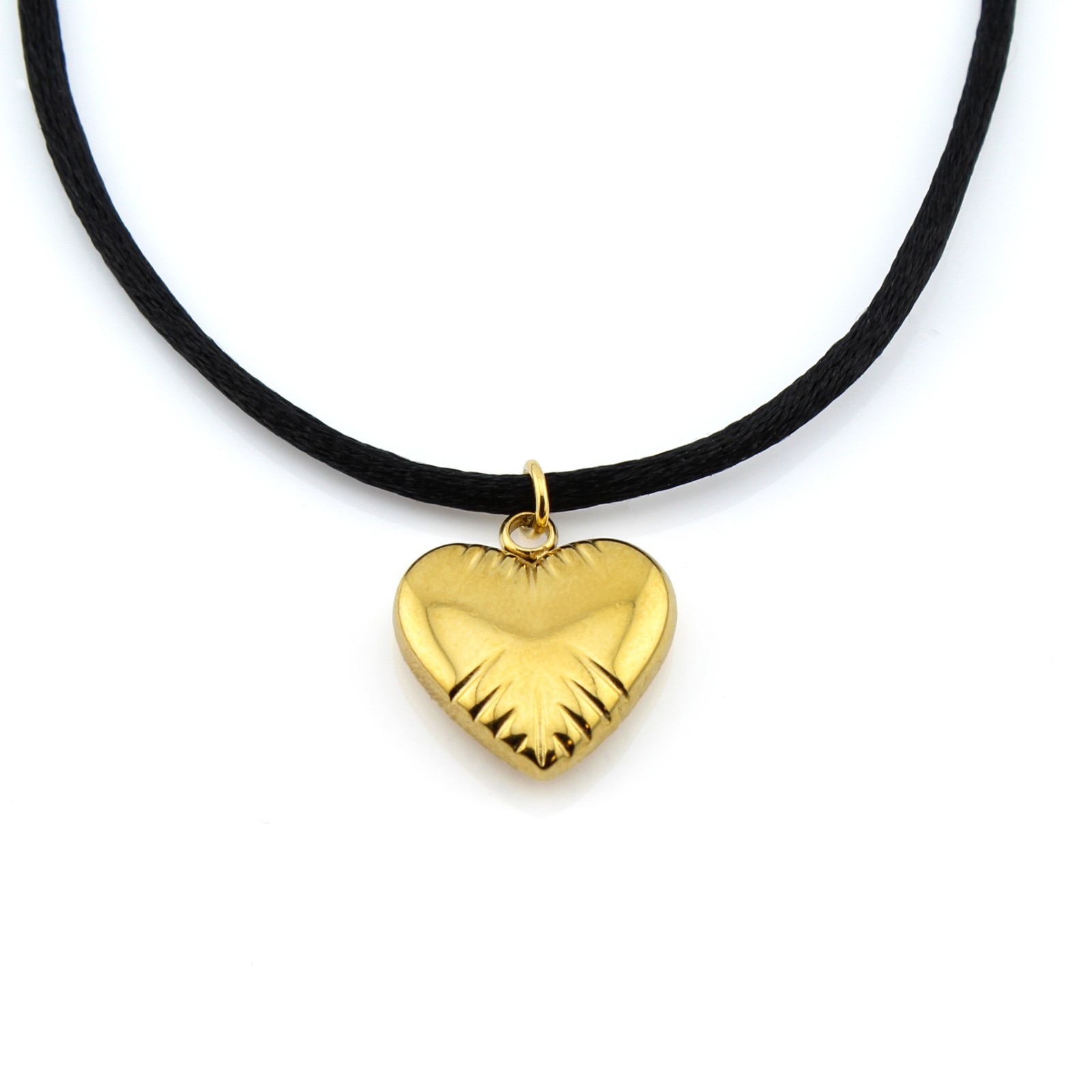 Gold Heart Pendant Necklace Satin Silk Cord Stainless Steel Women Girls Gift
