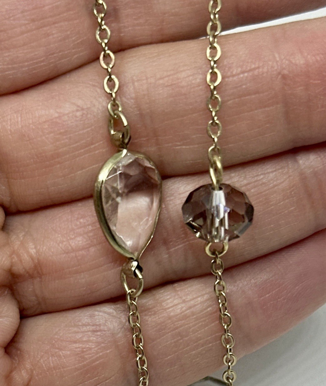 Express Gold Tone Double Layer Station Necklace Clear Faceted Teardrop Crystal