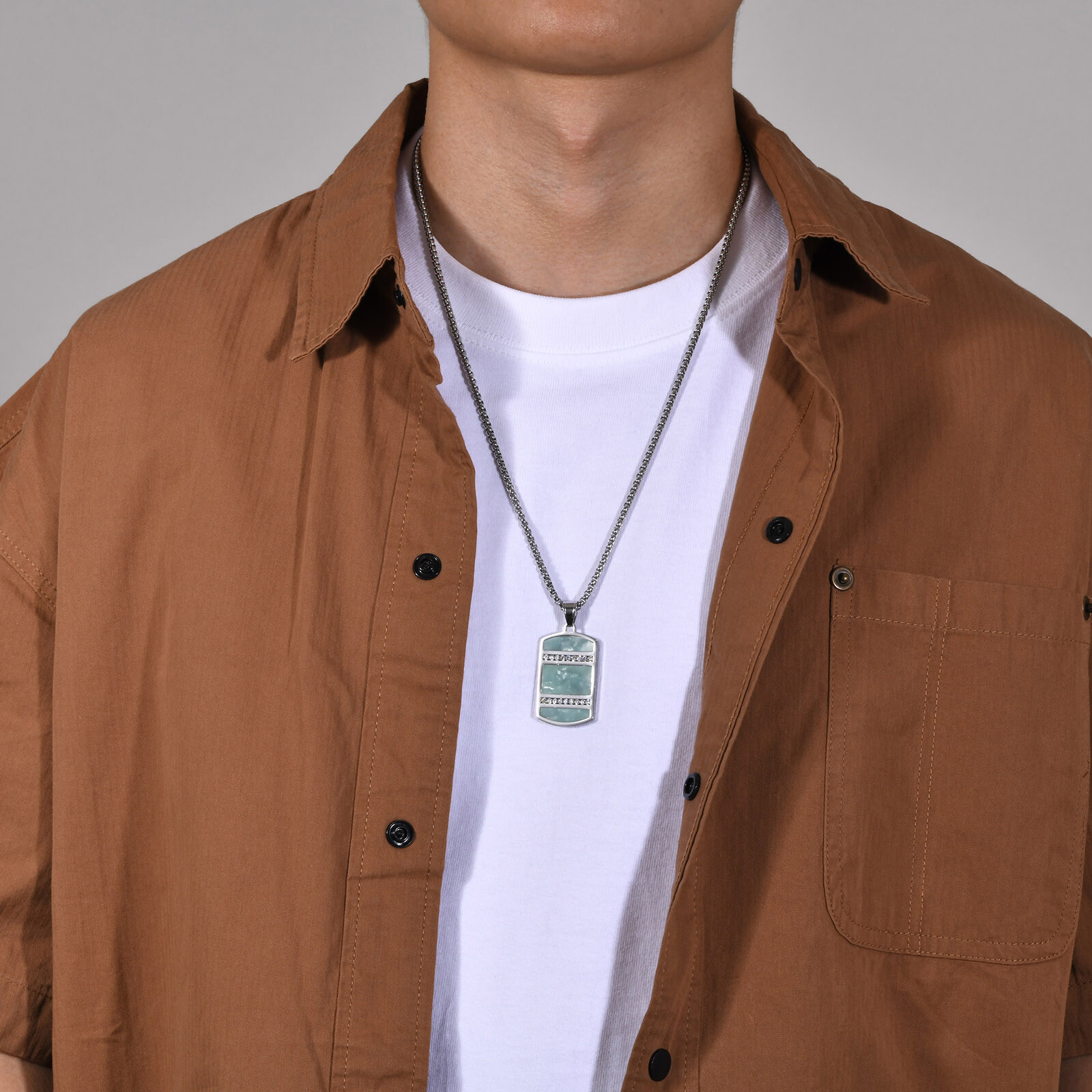 Mens Necklaces Bling CZ Stone Inlay, Chinese Tradition Cyan Stone Square Dog Tag