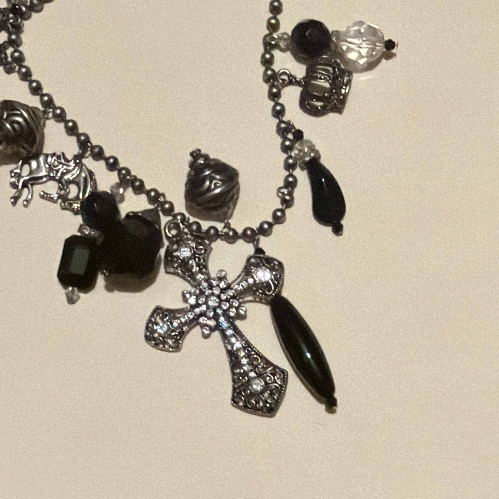 Silver Tone Beaded Ball Chain Necklace w/ Cross Charm Pendant, Clear Crystal