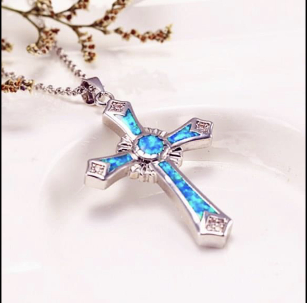 Geometric Blue Opal Color Cross Crucifix Pendant Necklace. Us Seller