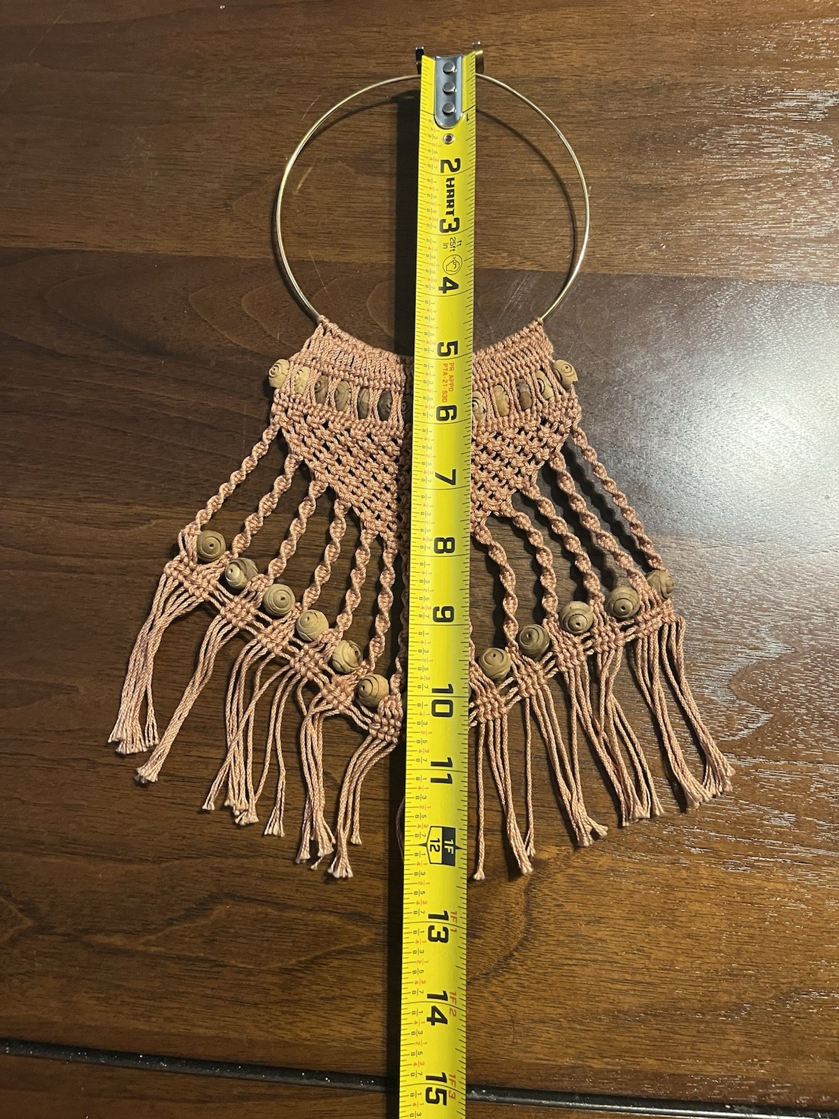 VTG Boho Macrame Bib Statement Necklace Wood Bead Fringe Collar Gold Hoop 5”