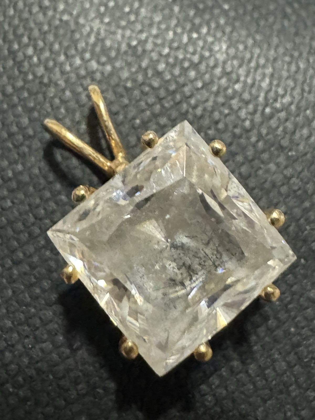 Gold Tone Yellow Gold Metal Square Charm Pendant, Prong Set Clear Stone