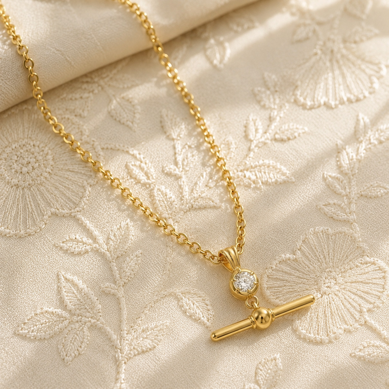 Rolo Chain Necklace Brass Metal T Bar Pendant with cz necklace for gift