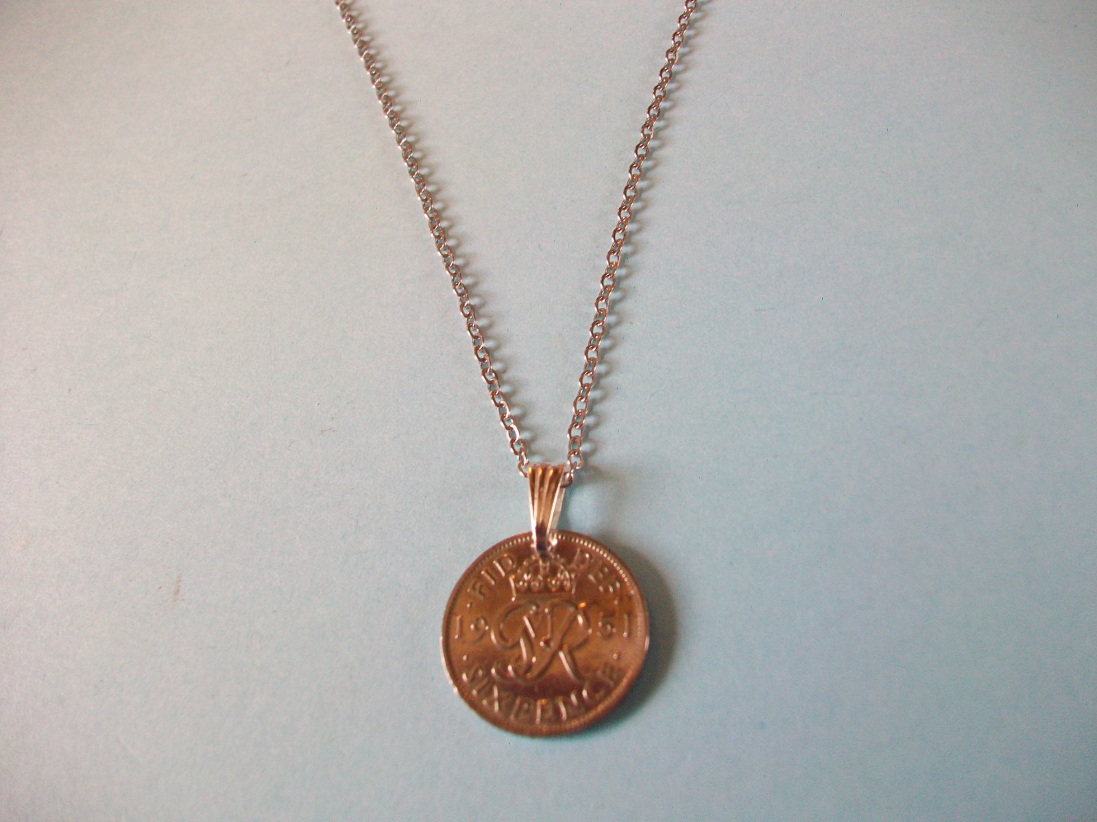 SIXPENCE COIN – SILVER FINE LINK CABLE CHAIN PENDANT NECKLACE – 1948 to 1951