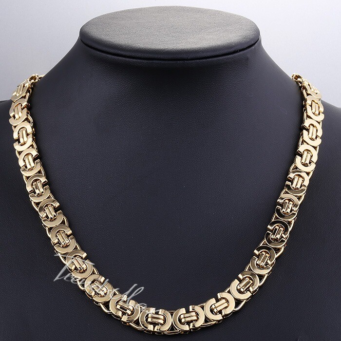 11mm Mens Boys Chain Gold Plated Flat Byzantine Stainless Steel Necklace 18-30″