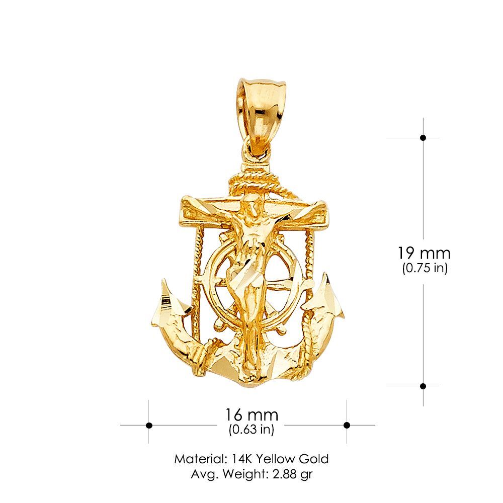 14K Yellow Gold Mariner Crucifix Charm Pendant & 3.1mm Figaro 3+1 Chain Necklace