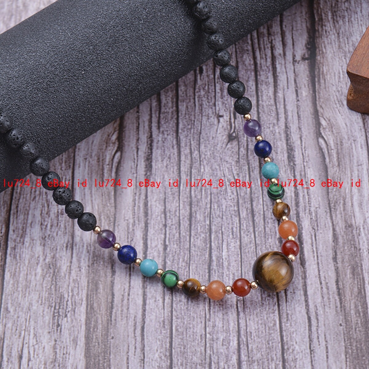 6mm Round Black Lava Rock Gems Braid Rope Adjustable Tigers Eye Pendant Necklace