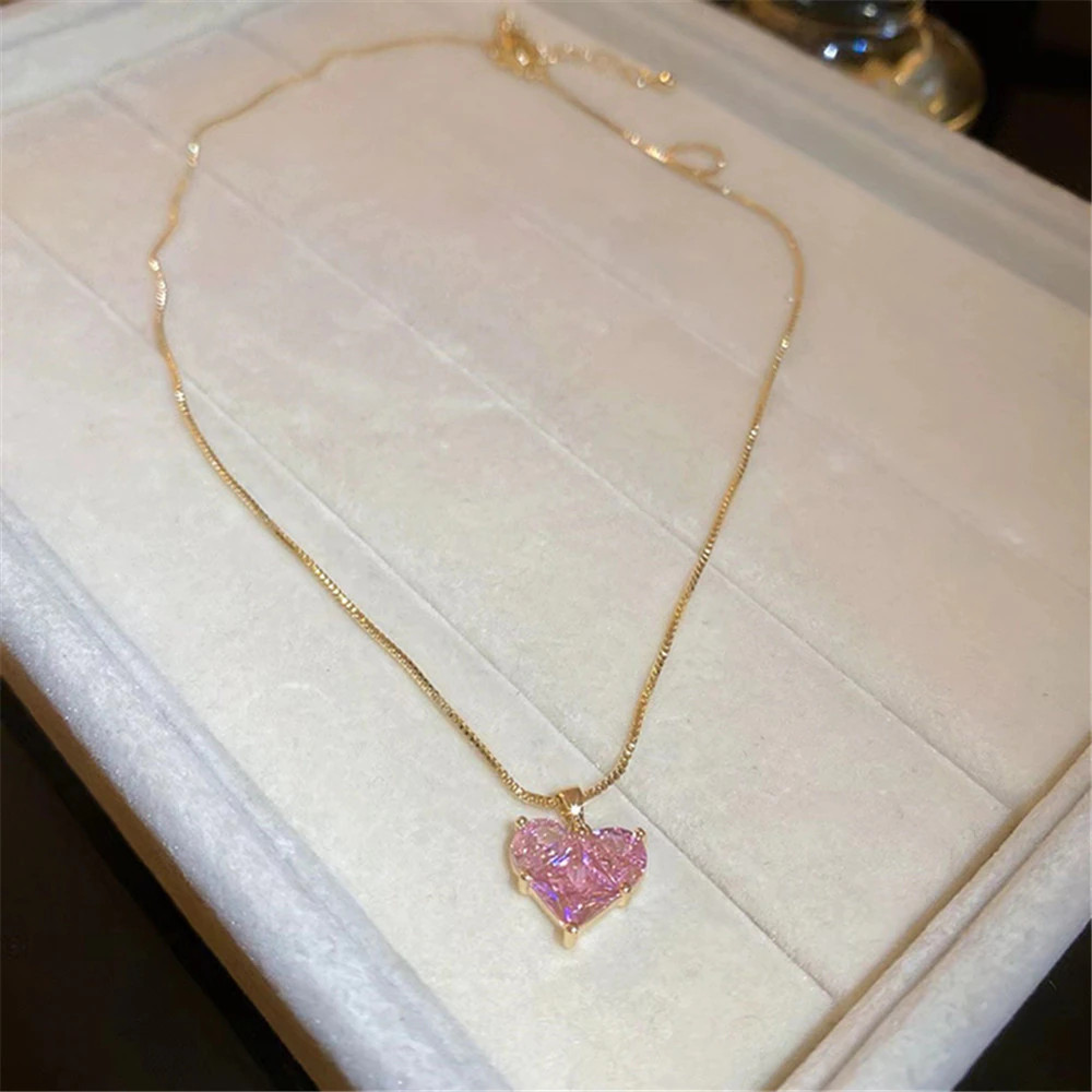 Women’s Fashion Jewelry Gold Pink Rhinestone Heart Pendant Necklace 1-228