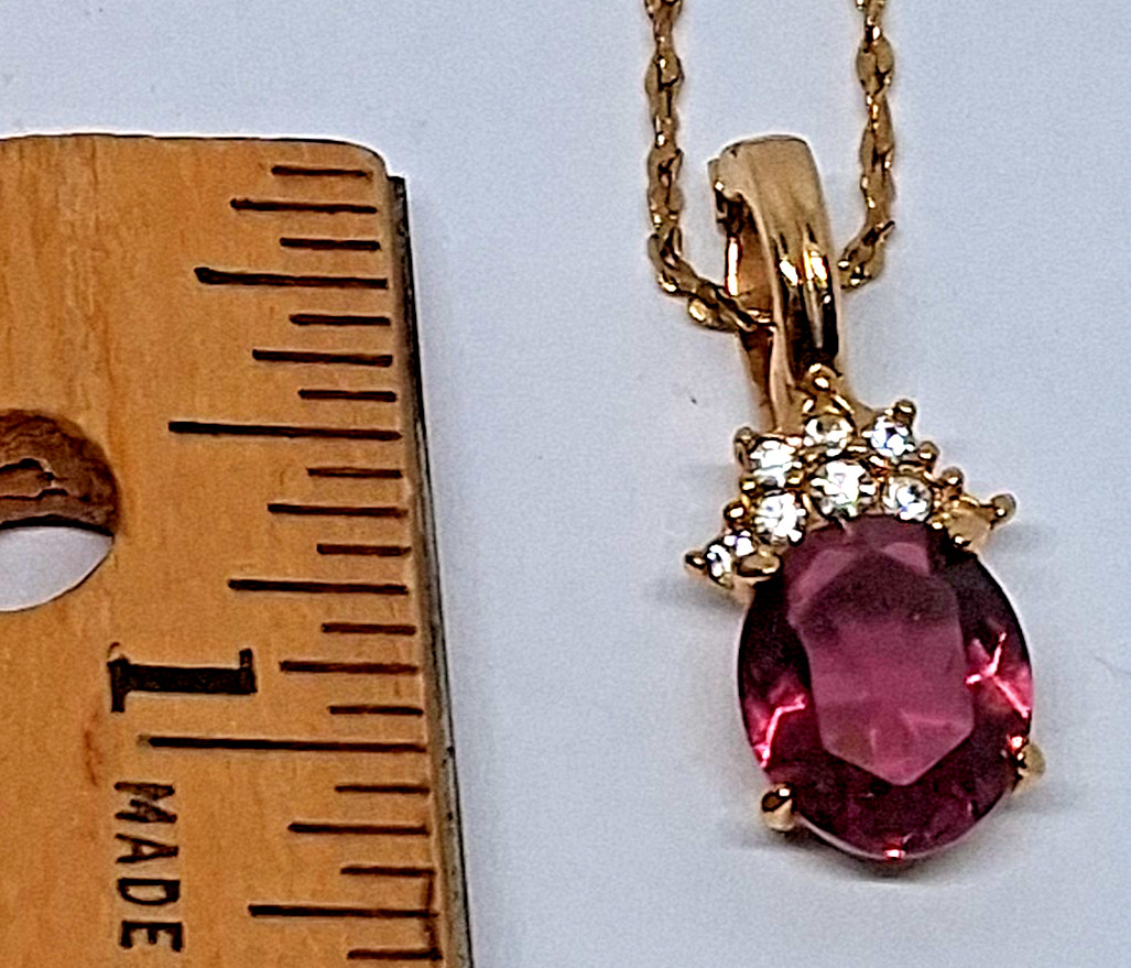 Vintage Roman Gold Tone Pendant w/ Purple & White Glass Stones 24″ Necklace