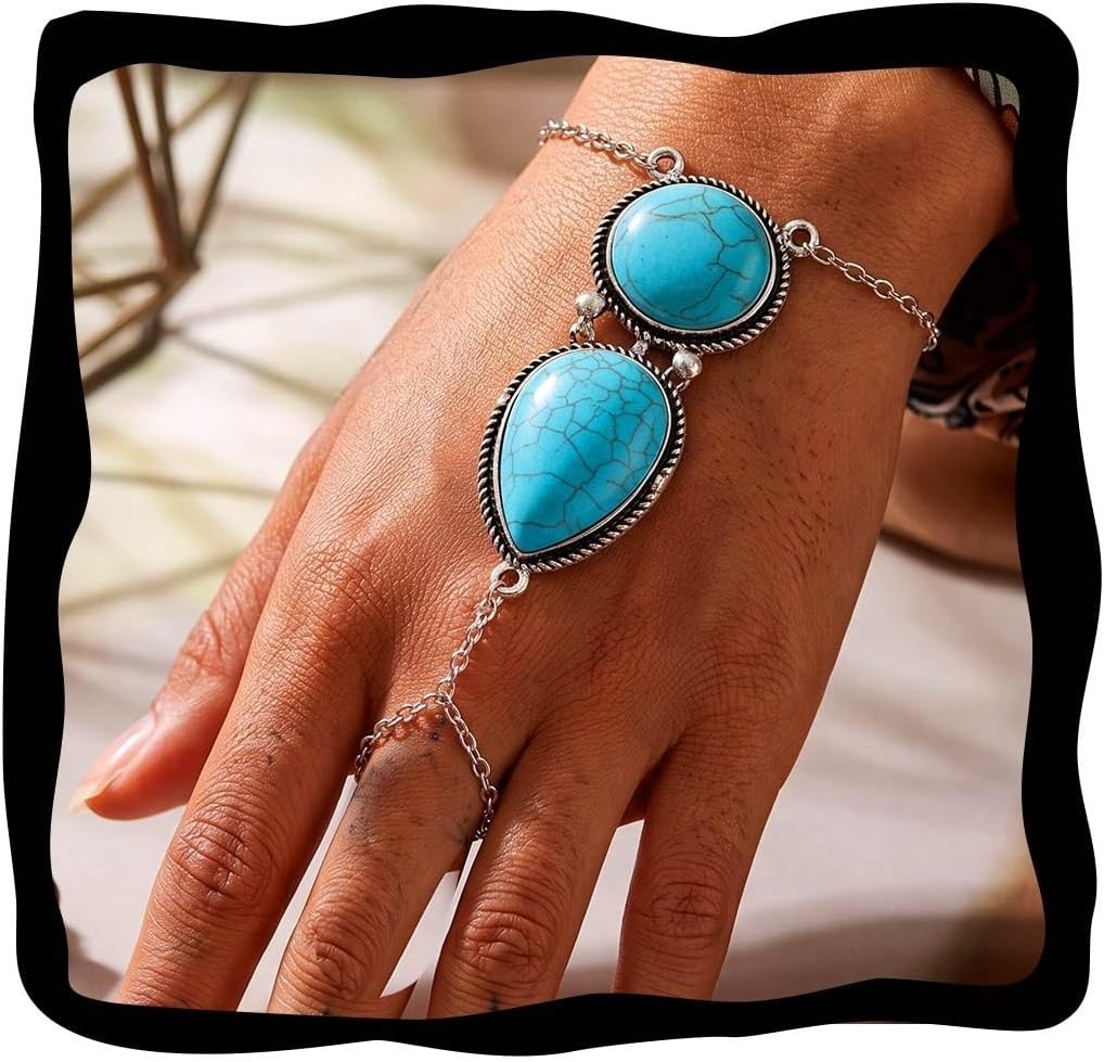 Boho Slave Bracelets Silver Turquoise Finger Ring Bracelets Summer Beach Hand…