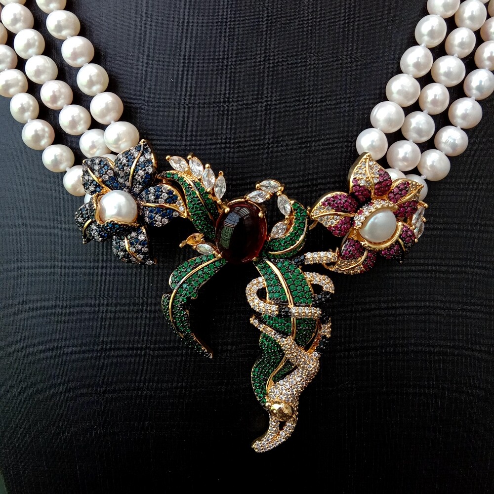 3 Strands Cultured White Pearl Cubic Zirconia Pave Pendant Statement Necklace