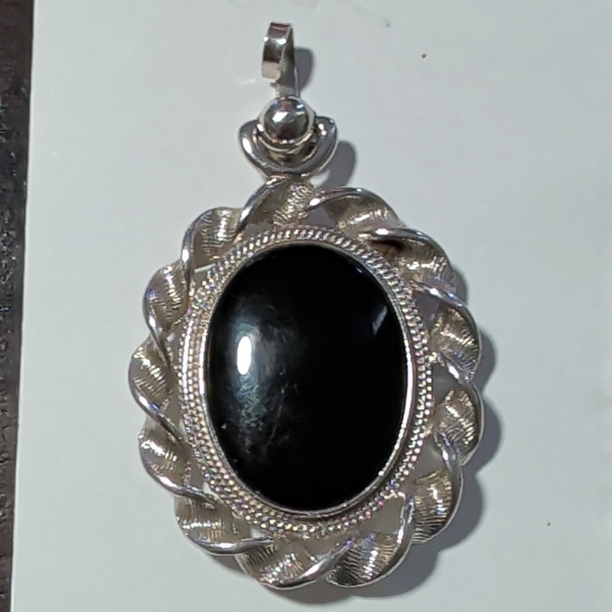 Sterling Silver Signed Oval Black Onyx Bezel-Set Pendant Charm