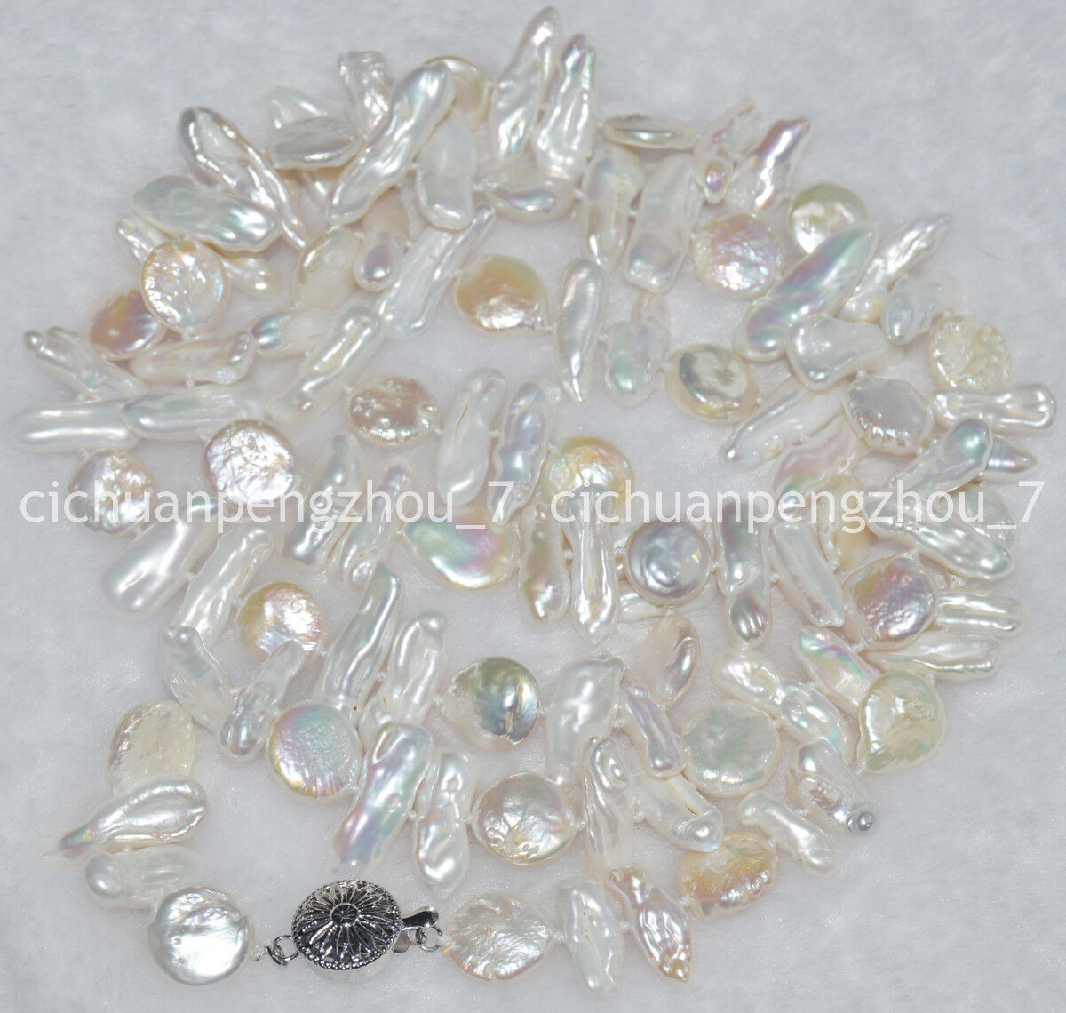 Natural 12mm Coin 7x18mm Biwa Freshwater White Pearl Beaded Necklace 14-36 inch