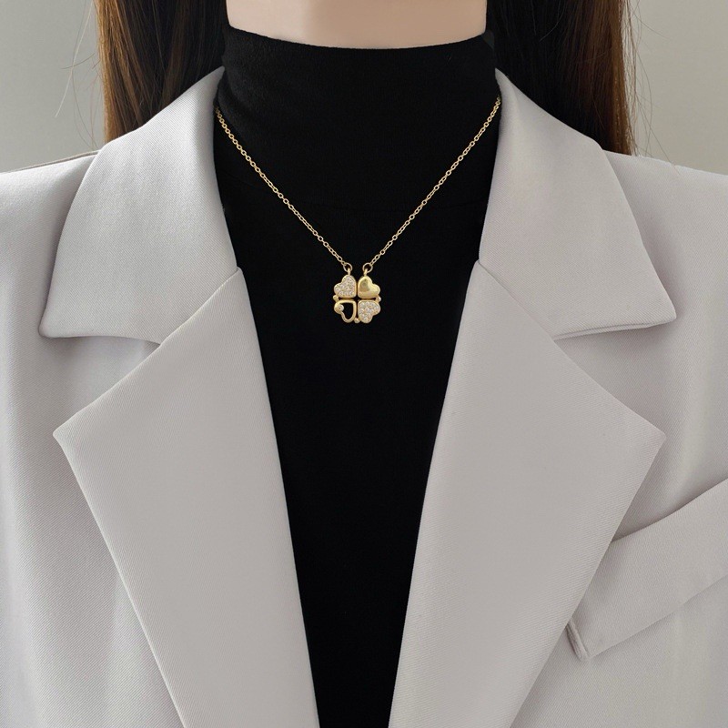 Gold Tone Clover Pendant Necklace, Pavé-Set White/Colorless Cubic Zirconia