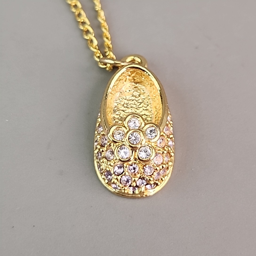 Firenza Baby Shoe Charm Necklace May Birthstone Clear Rhinestones Gold Tone 17mm