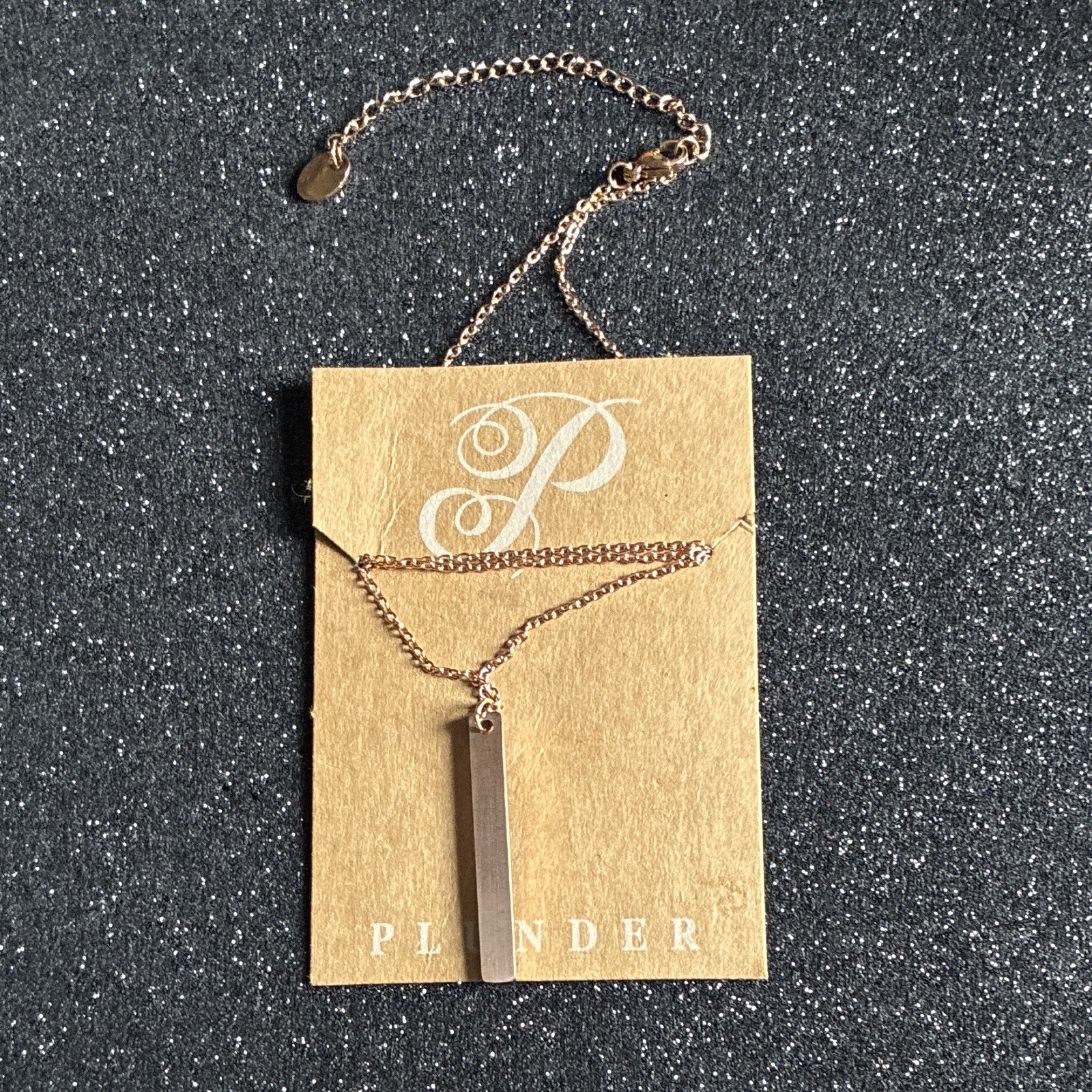 Plunder Signed Rose Gold Plated Rectangle Bar Pendant Cable Chain Necklace