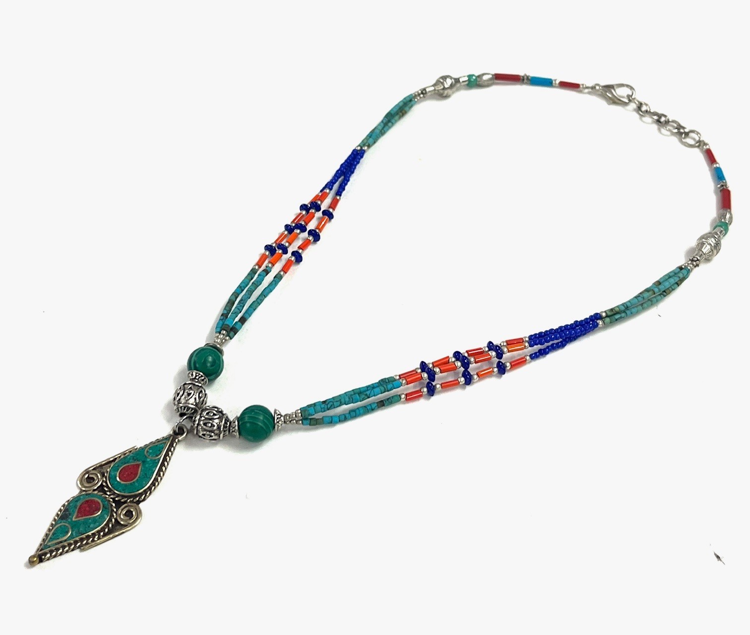 Turquoise Lapis Coral Gemstone Tibetan Statement Necklace Jewelry, 18 Inc Adjs