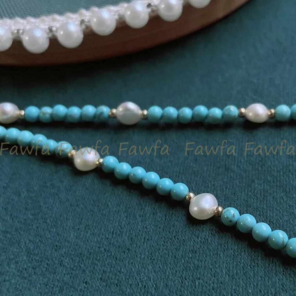 4mm Natural Turquoise Round Gems Beads 6-7mm White Baroque Pearl Necklace 14-36″