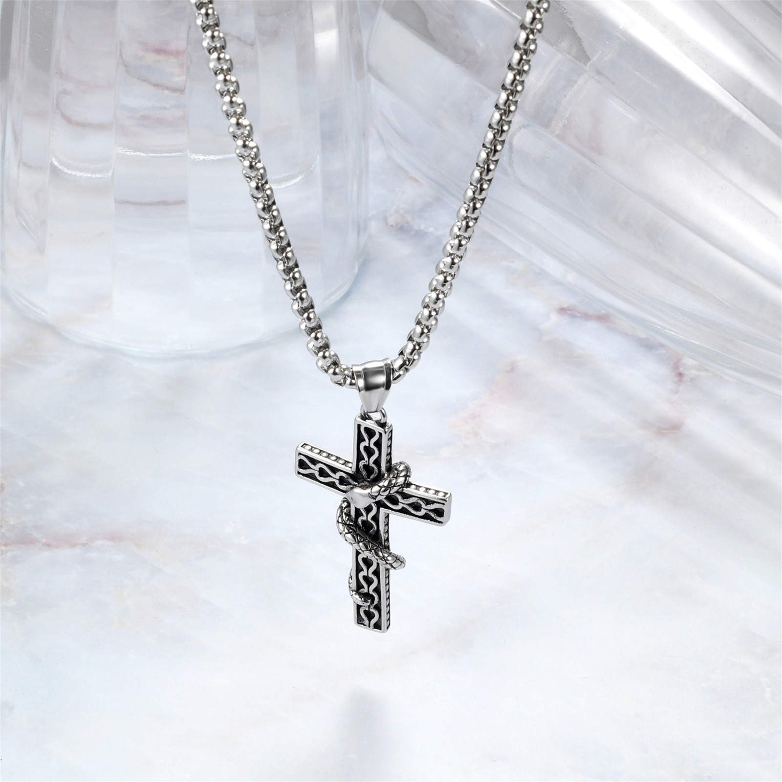 Mens Boys Vintage Biker Stainless Steel Snake Cross Pendant Amulet Necklace 22″